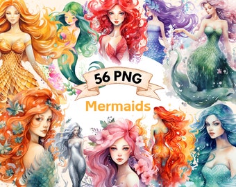 Mermaids Watercolor Clipart - 56 Magical Enchanting Fairy Illustrations, Cute Storybook, PNG, Instant Digital Download, Commercial Use