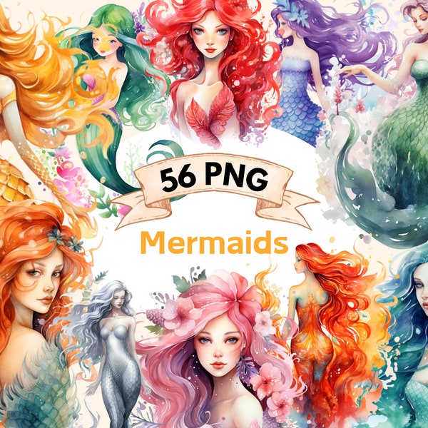 Mermaids Watercolor Clipart - 56 Magical Enchanting Fairy Illustrations, Cute Storybook, PNG, Instant Digital Download, Commercial Use