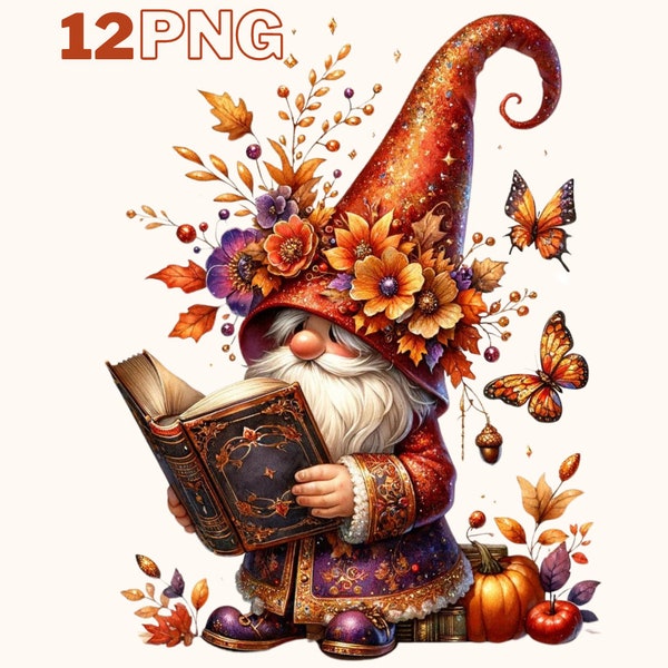 Autumn Gnome Clipart, 12 High Quality PNGs, Nursery Art, Digital Download | Card Making, Cute Gnome Clipart, Fall Gnome clipart