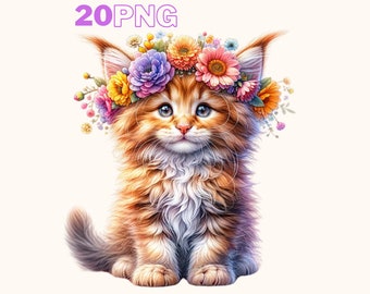 Spring Kitten Clipart, 20 High Quality PNGs, Nursery Art, Digital Download | Card Making, Cute Kitten Clipart, Floral cat clipart
