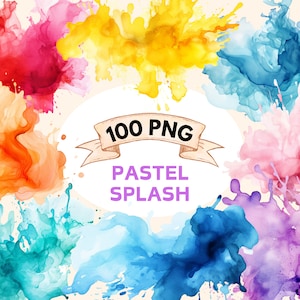 100 pastel aquarelle alcool encre splash Clipart, éclaboussures de peinture PNG abstrait clipart, éclaboussures de couleur colorée, usage commercial téléchargement immédiat