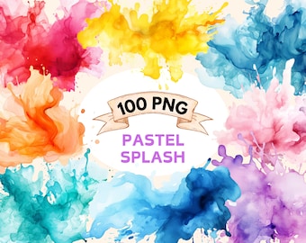 100 imágenes prediseñadas de salpicaduras de tinta de alcohol de acuarela pastel, imágenes prediseñadas abstractas PNG de salpicaduras de pintura, salpicaduras de colores coloridos, descarga instantánea de uso comercial