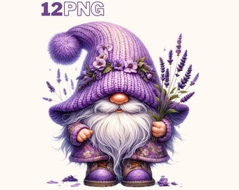 Watercolor Floral Lavender Gnome Clipart PNG Bundle, Garden Gnome Flowers, Woodland Gnome, Valentines Spring Gnome, Sublimation Design