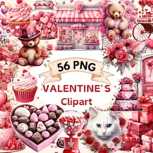 Watercolor Cute Valentines Candy Shop Clipart, 86 PNG Valentines Day Clipart, Valentines Day Bundle, Valentines Candy Heart, Commercial Use