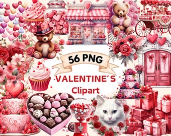 Watercolor Cute Valentines Candy Shop Clipart, 86 PNG Valentines Day Clipart, Valentines Day Bundle, Valentines Candy Heart, Commercial Use