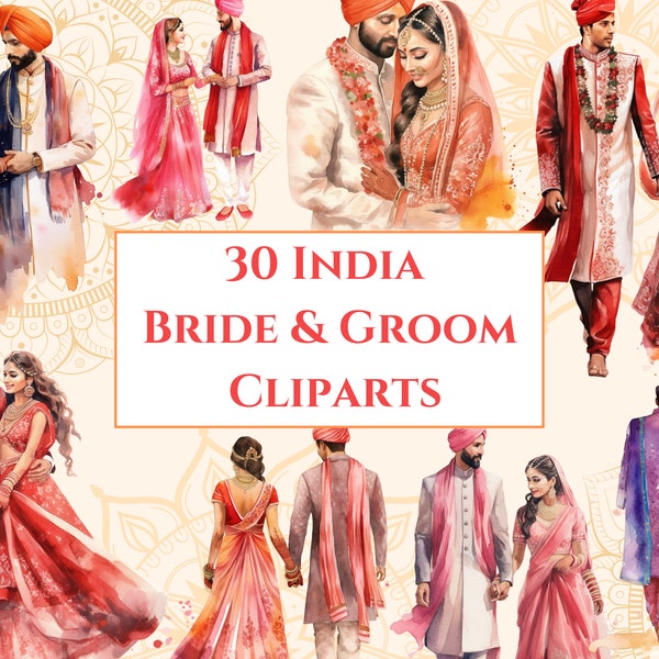 30 Hindu Wedding Cliparts watercolor, Bride & groom Wedding elements, Indian Couple Wedding PNG, Lehenga Dress, Punjabi shoes, Anand Karaj