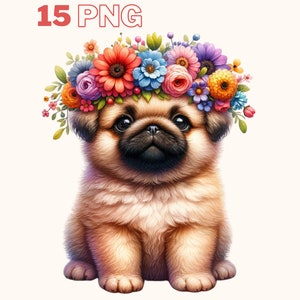 Clipart chiot printemps, 15 PNG de haute qualité, art pour chambre d'enfant, téléchargement numérique | Fabrication de cartes, clipart mignon bébé chien, clipart floral chien