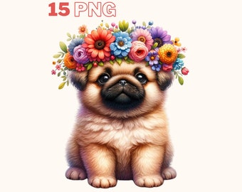 Spring Puppy Clipart, 15 High Quality PNGs, Nursery Art, Digital Download | Card Making, Cute baby dog Clipart, Floral dog clipart
