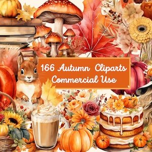 166 Watercolor Autumn Clipart bundle , PNG Watercolor fall illustration, Autumn Leaves, Woman, Street, Autumn time, Commercial use