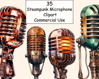 35 Steampunk Microphone Clipart, Vintage Clipart, Watercolor Steampunk micro Decor, Retro Decoration Clipart, Junk Journal, Scrapbooking