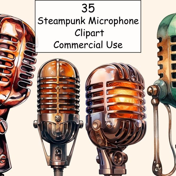 35 Steampunk Microphone Clipart, Vintage Clipart, Watercolor Steampunk micro Decor, Retro Decoration Clipart, Junk Journal, Scrapbooking