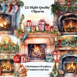 20 aquarel kerst open haard clipart, hoge kwaliteit PNG-bestanden, kerstdecoratie illustraties, kaarten maken, scrapbooking, kachel