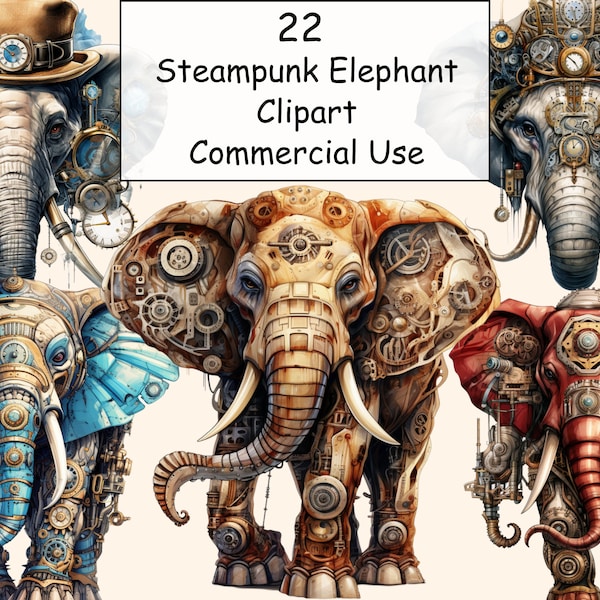 22 Steampunk Elephant Bundle,PNG Steampunk Cliparts,Junk Journal,Scrapbook,Animal Style,Fantasy Images,Png Bundle,Instant Digital Download