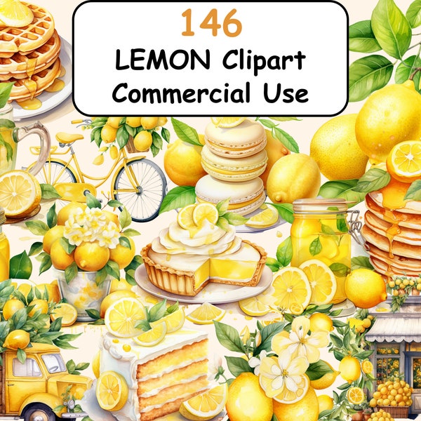 146 Lemon Tea Watercolor Clipart Bundle, PNG Zesty Fresh Teacup Images, Citrus Tea Time Graphics, Instant Digital Download, Commercial Use