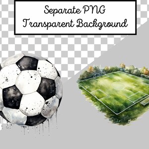 May include: A watercolor painting of a soccer ball and a soccer field. The soccer ball is white with black panels and has a dripping effect. The soccer field is green with white lines and has trees around the perimeter.