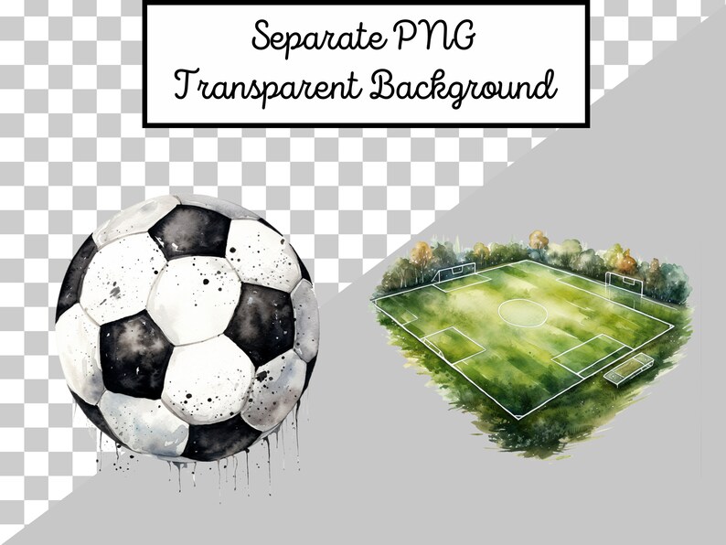 May include: A watercolor painting of a soccer ball and a soccer field. The soccer ball is white with black panels and has a dripping effect. The soccer field is green with white lines and has trees around the perimeter.