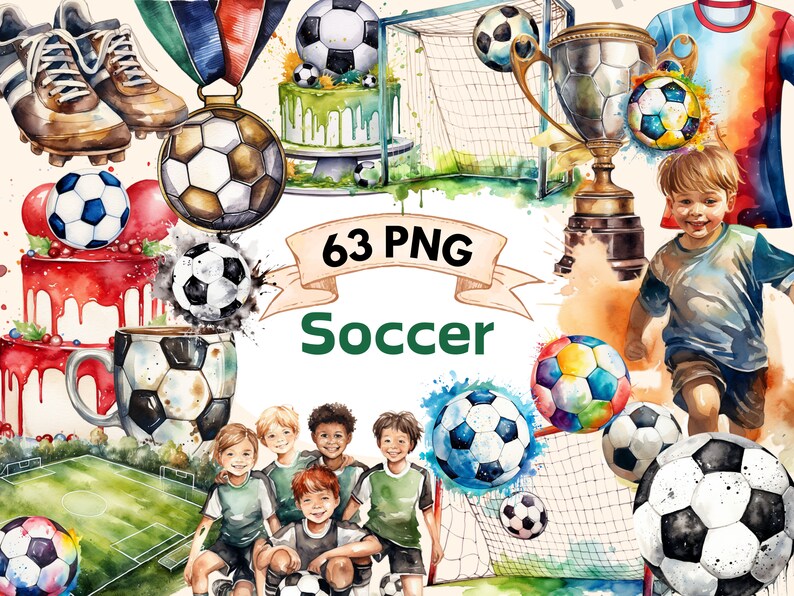 May include: A watercolor illustration of soccer-themed clipart. The image includes a soccer ball, a soccer player, a soccer goal, a trophy, a cake, and a cup of coffee. The text "63 PNG Soccer" is written in a banner across the top of the image.