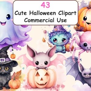 Watercolor Cute Halloween Clipart | 43 PNG Graphics, Pumpkin, Witch, Ghost, Spider, Bat, Zombie, Instant Download for Commercial Use