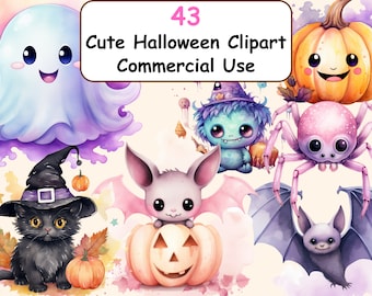 Watercolor Cute Halloween Clipart | 43 PNG Graphics, Pumpkin, Witch, Ghost, Spider, Bat, Zombie, Instant Download for Commercial Use