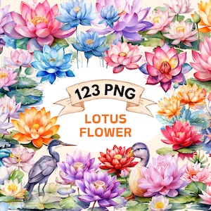 123 Lotus bloemen aquarel clipart bundel - PNG bloemafbeeldingen, prachtige bloemenafbeeldingen, PNG, Instant Digitale Download, Commercieel Gebruik
