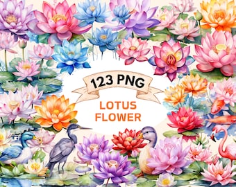 123 Lotus Flowers Watercolor Clipart Bundle - PNG Flower Images, Beautiful Floral Graphics, PNG, Instant Digital Download, Commercial Use
