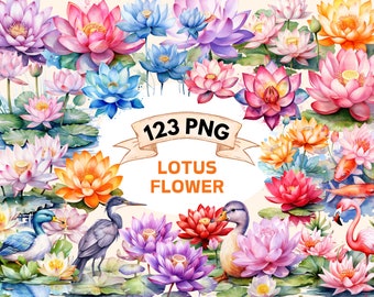 123 Lotus Flowers Watercolor Clipart Bundle - PNG Flower Images, Beautiful Floral Graphics, PNG, Instant Digital Download, Commercial Use