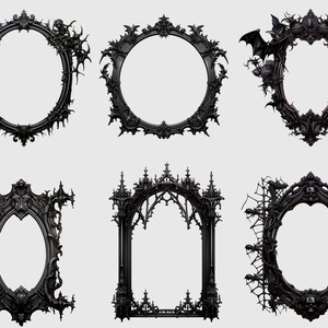 K&ouml;nnte beinhalten: Sechs verzierte schwarze Rahmen mit komplizierten gotischen Designs. Die Rahmen sind alle in verschiedenen Formen und Gr&ouml;&szlig;en, aber sie haben alle einen &auml;hnlichen Stil. Sie w&auml;ren perfekt, um jedem Zuhause einen Hauch von gotischer Eleganz zu verleihen.