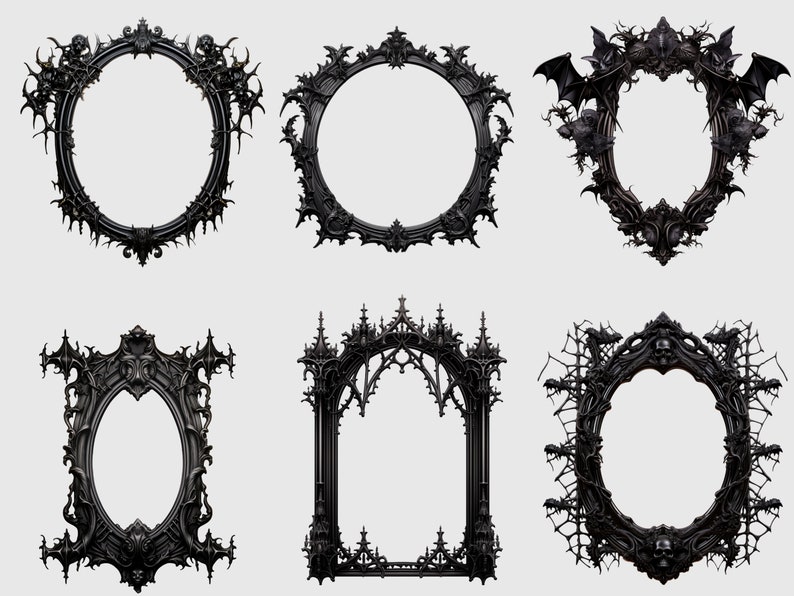 K&ouml;nnte beinhalten: Sechs verzierte schwarze Rahmen mit komplizierten gotischen Designs. Die Rahmen sind alle in verschiedenen Formen und Gr&ouml;&szlig;en, aber sie haben alle einen &auml;hnlichen Stil. Sie w&auml;ren perfekt, um jedem Zuhause einen Hauch von gotischer Eleganz zu verleihen.