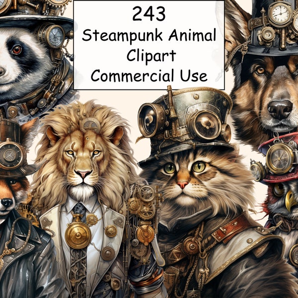 Bundle animaux steampunk, cliparts PNG Steampunk, scrapbooking, style steampunk, images fantastiques, ensemble de cliparts, téléchargement immédiat