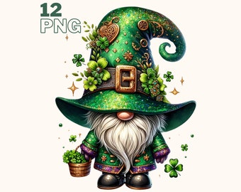 St Patrick's Gnomes Clipart, 12 High Quality PNGs, Nursery Art, Digital Download | Card Making, Cute Gnome Clipart, Digital Paper Craft