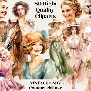 80 Vintage Women Clipart, Watercolor Clipart, Vintage Lady PNG, Vintage Woman pet, Marilyn Monroe files, Scrapbook, Paper Crafts, PNG bundle