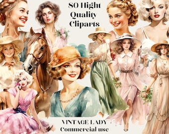 80 Vintage Frauen Clipart, Aquarell Clipart, Vintage Dame PNG, Vintage Frau Haustier, Marilyn Monroe Dateien, Scrapbook, Papier Handwerk, PNG Bundle