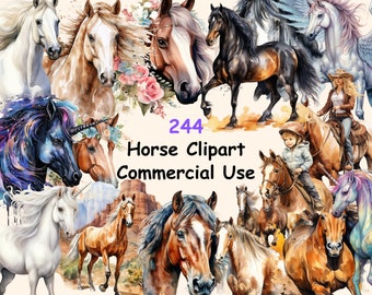 244 Horses Watercolor Clipart, Magical Enchanting Horse Illustrations, Animals in the Nature, PNG, Instant Digital Download, Commercial Use