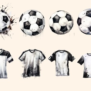 May include: Watercolor illustration of four black and white soccer balls and four soccer jerseys. The soccer balls have a textured look and the jerseys have a watercolor effect.