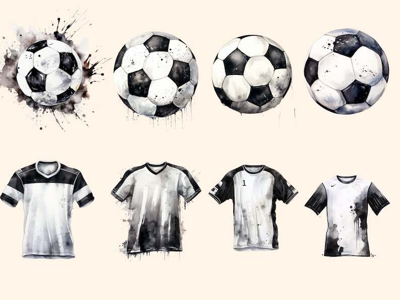 May include: Watercolor illustration of four black and white soccer balls and four soccer jerseys. The soccer balls have a textured look and the jerseys have a watercolor effect.