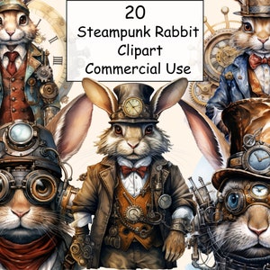 20 Steampunk Rabbit Watercolor Clipart Bundle, PNG Mechanical Rabbits Images, Retro-Futuristic Graphics, Digital Download, Commercial Use