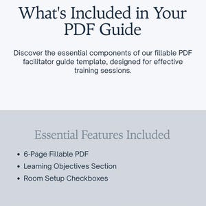 May include: A digital document template titled What's Included in Your PDF Guide. It lists features including a 6-page fillable PDF, learning objectives, and room setup checkboxes. It highlights 10 customizable sections and 5 training checklists.