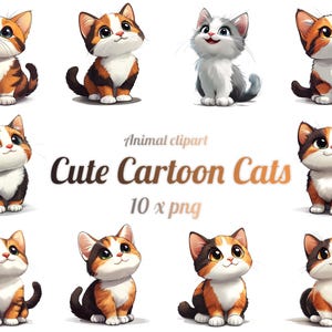 10 Cute Cartoon Cats, Clipart, Transparent Background, PNG