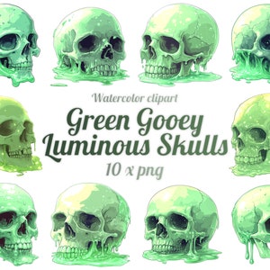 Op de afbeelding: Tien digitale illustraties van groene, kleverige, lichtgevende schedels. De schedels druipen van groene slijm en hebben een gloeiend effect. Aquarel-clipart.