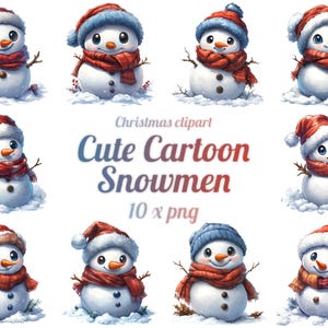 10 simpatici pupazzi di neve dei cartoni animati, clipart, Natale, sfondo trasparente, PNG