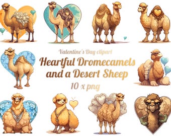 10 dromamelons chaleureux et un mouton du désert, cliparts, saint-valentin, arrière-plan transparent, PNG
