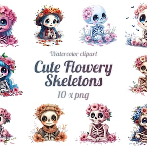 10 niedliche blumige Skelette, Halloween, Clipart, transparenter Hintergrund, PNG