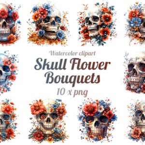 10 bouquets de fleurs tête de mort, Aquarelle, Halloween, Fond transparent, PNG