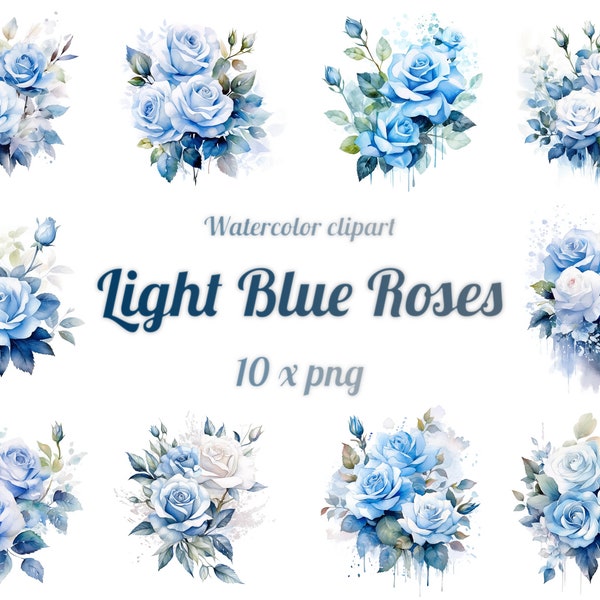 10 Light Blue Roses, Clipart, Watercolor, Transparent Background, PNG