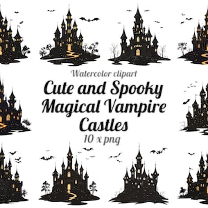 10 Cute and Spooky Magical Vampire Castles, Clipart, Halloween, Transparent Background, PNG