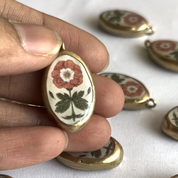 Handmade Cold Porcelain Floral Pendant, Vintage Botanical Charm, Folk Art Necklace (23mm x 16mm)