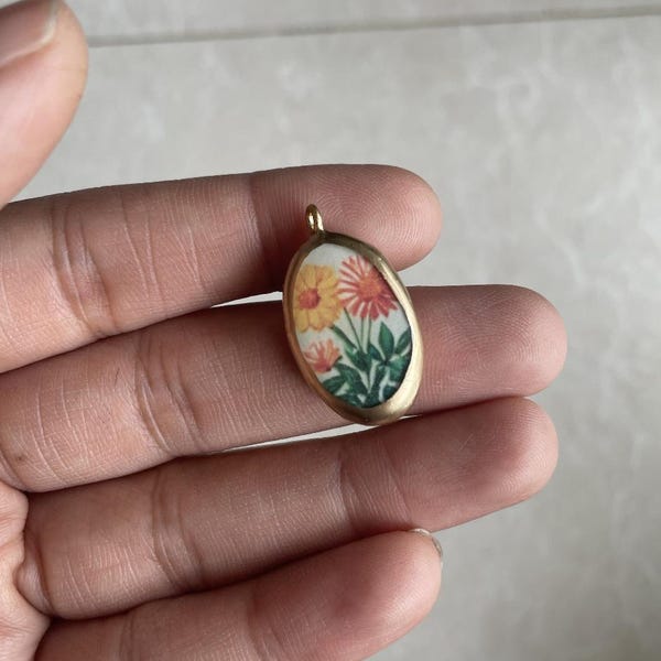 Cold Porcelain Botanical Garden Pendant, Orange Pink Wildflower Charm, Oval Bezel Necklace