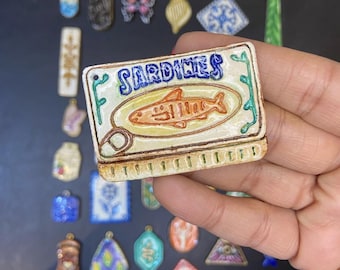 Hand Painted Sardine Can Charm, Air Dry Clay Pendant, Resin Coated