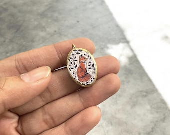 Cold Porcelain Fox Charm Pendant, Botanical Folk Art Charm