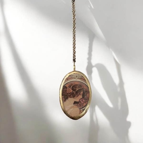 Handgefertigte Kalte Porzellan Jugendstil Dame Anhänger, Mucha-Stil Portait Charm